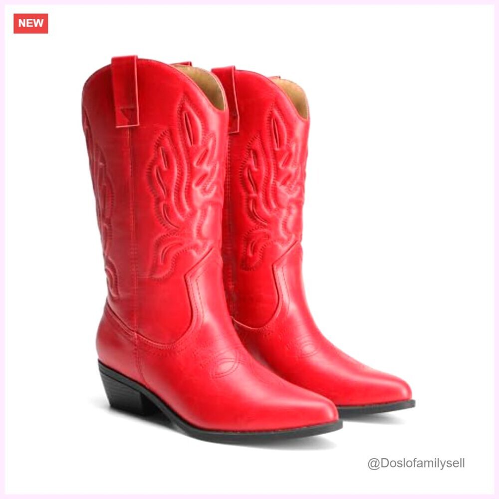Women's Mid Calf Cowboy Boots with Embroidery Stitching, 1.37-Inch Heel - Picture 5 of 7